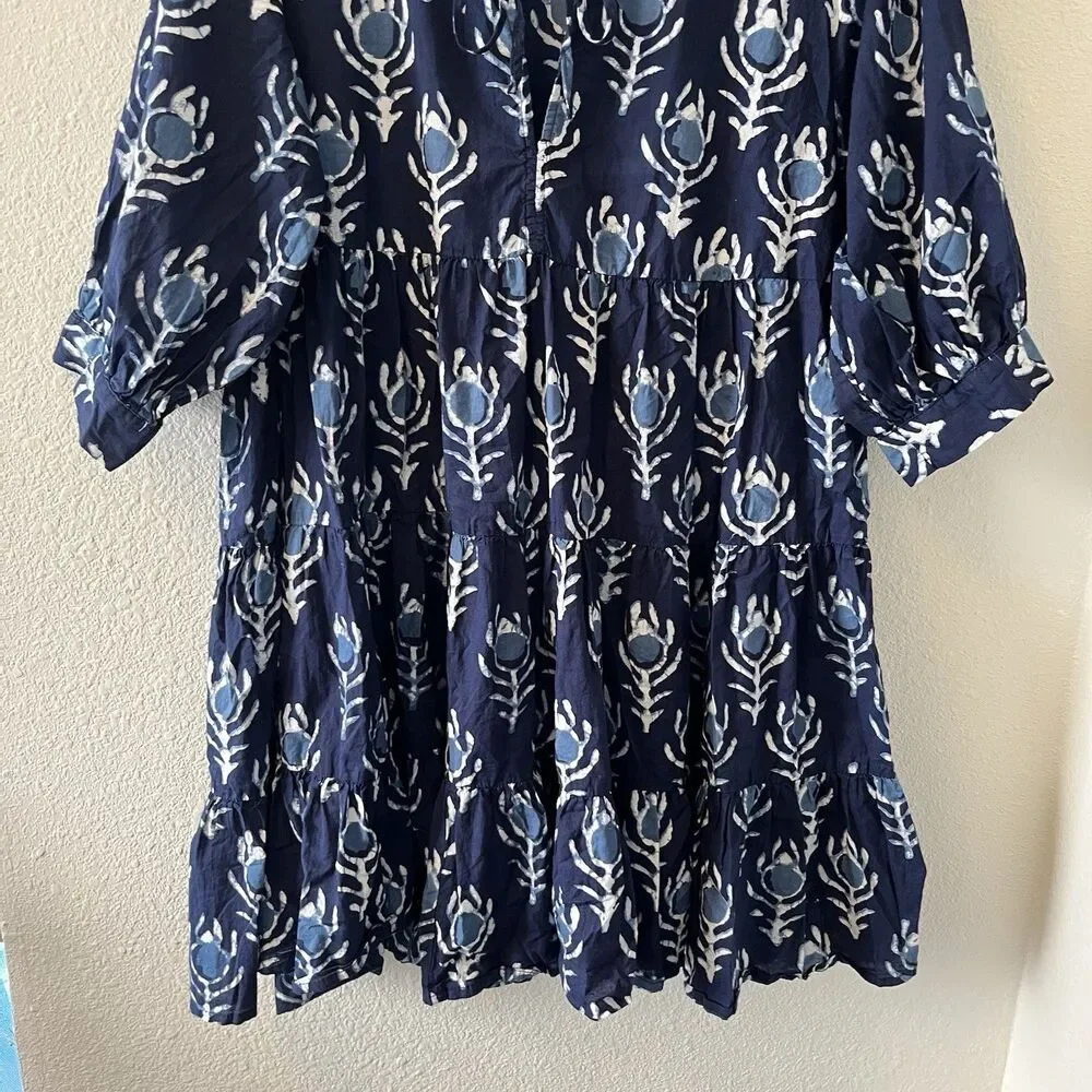 Dress Addict Women's Mini Dress Size Med Blue Batik Tiered Boho Puff Sleeve Chic - Picture 5 of 16